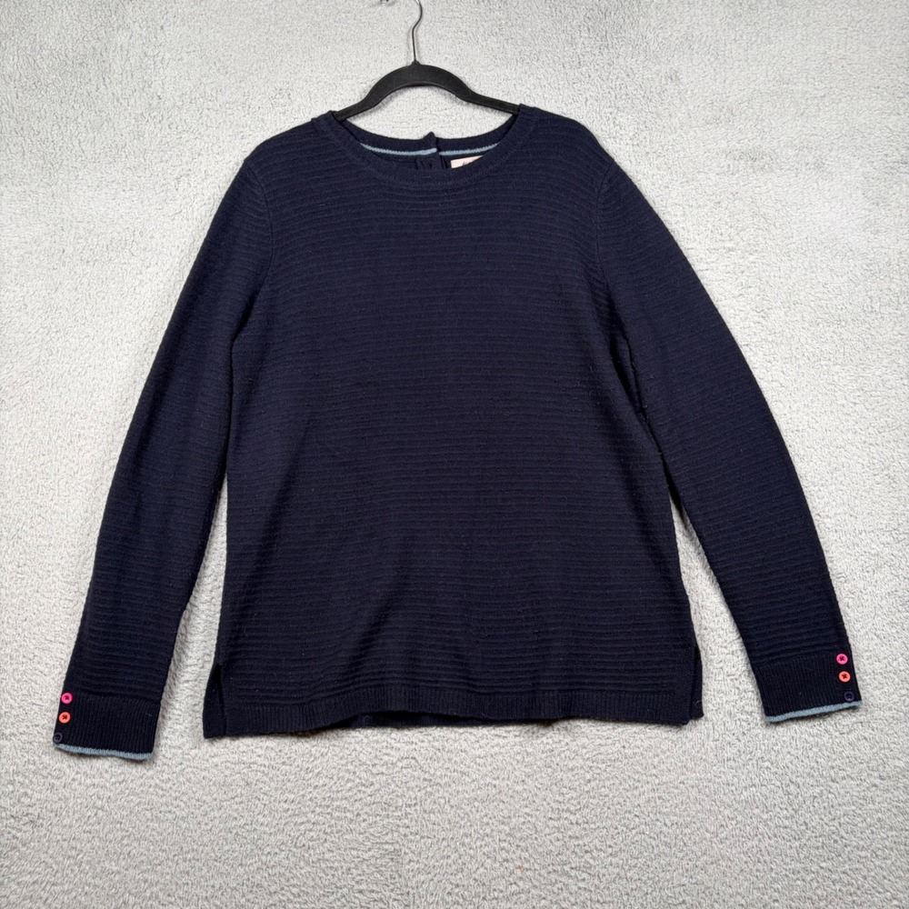 Kew Navy Blue 100% Extra‎ Fine Merino Wool Ribbed Sweater Womens XL Button Back